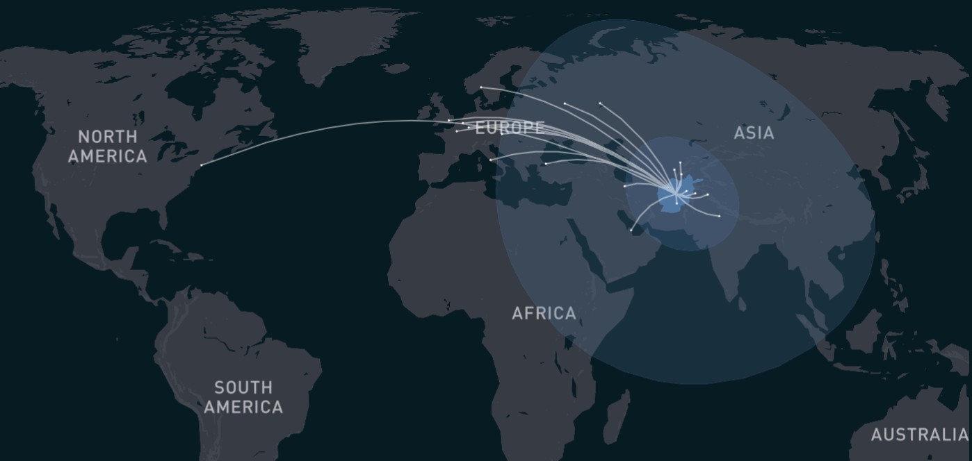 World map showing mediation locations linked to a conflict zone, with distance rings